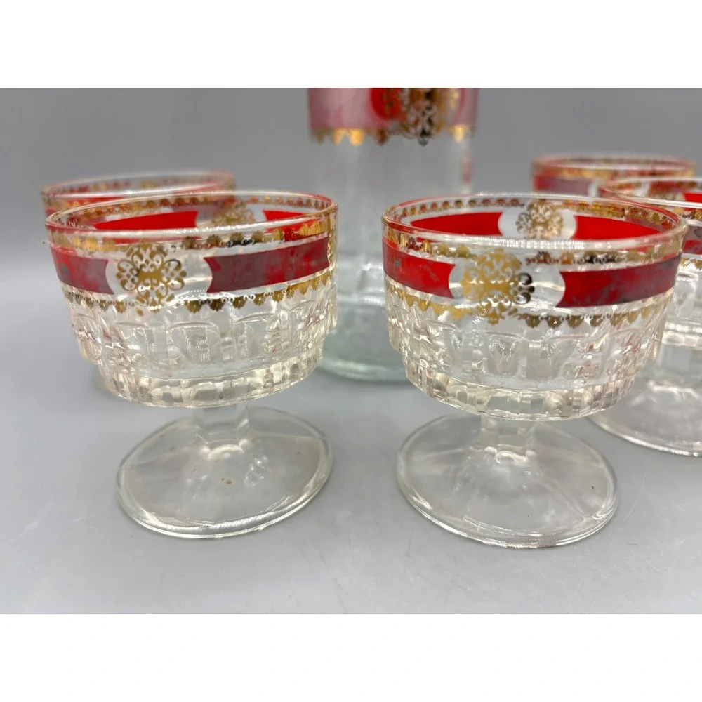 Vintage Red Gold Filigree Glass Decanter Set with 5 Cordial Glasses Bar EMPTY